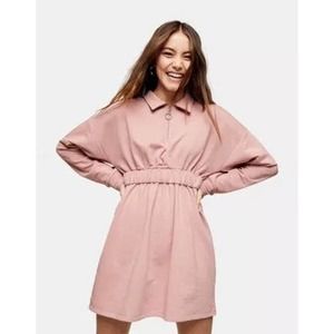 Topshop Zip Collared Mini Dress Size 2 Blush Pink Elastic Waist Sweatshirt Dress